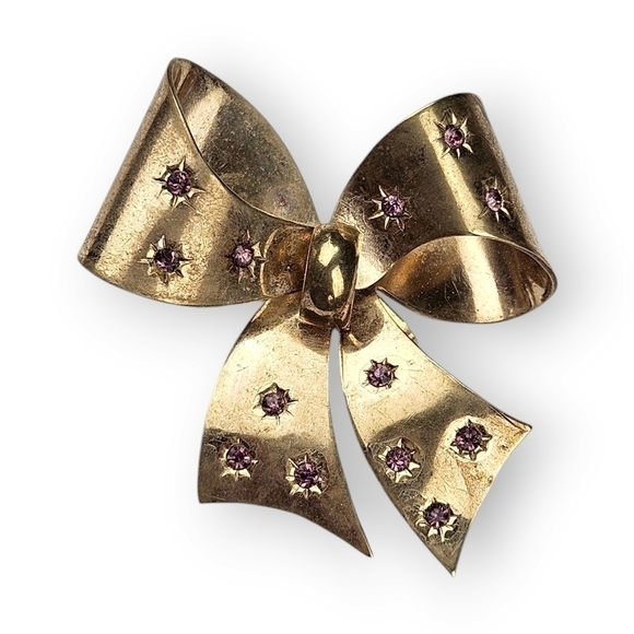 Vintage Rhinestone Studded Bow Brooch Star Purple Gold Tone Brass Dimensional 2" - Picture 1 of 9